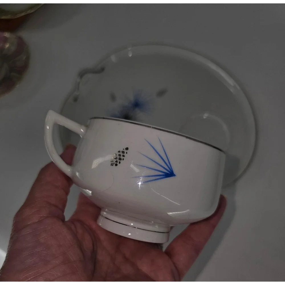 Vintage‎ Hakusan China Snack Set Cup Tray Atomic Starburst Blue Black Japan 9613